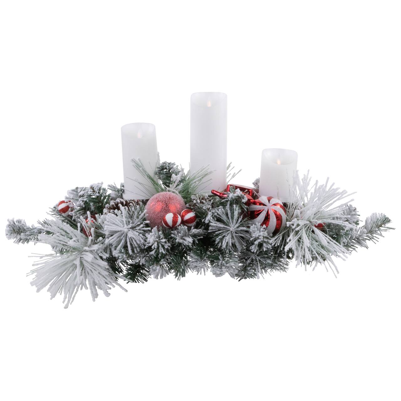 Triple Candle Holder with Flocked Pine and Christmas Ornaments - 32" - Red and White